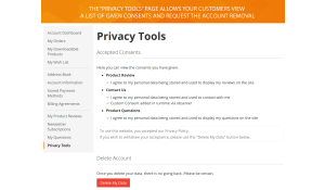 Privacy tools page at the navigation panel of user account.