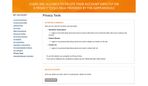 Privacy Tools page allows deleting the account on user request.
